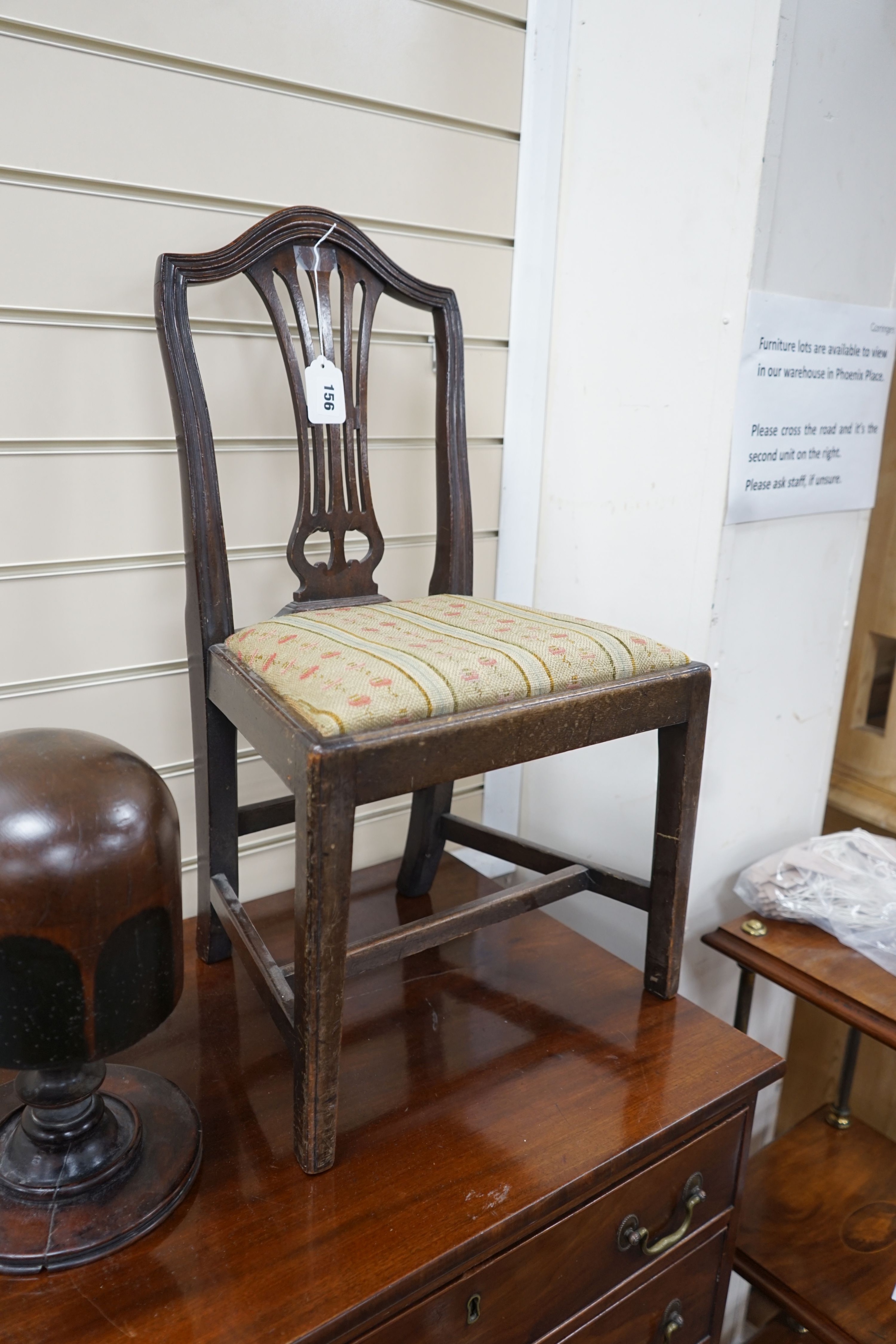 A George III Hepplewhite period mahogany child's chair, height 65cm together with a Victorian hat block